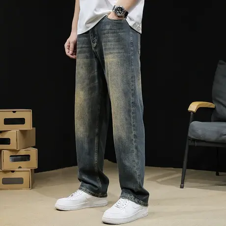 美式复古弹力直筒牛仔裤男2024新款春季男款宽松大码潮牌男士裤子图片