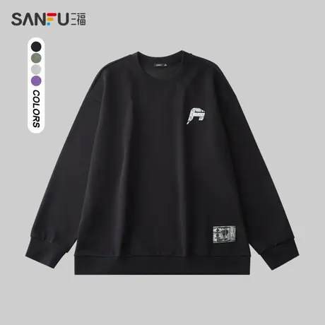 三福2024春季男士烧花字母卫衣 街头潮流圆领宽松上衣男482391图片