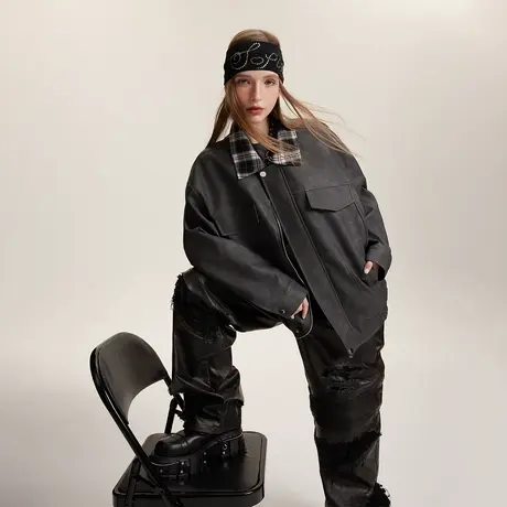 拼接潮牌皮衣外套女春秋2024新款复古街头情侣装PU皮夹克宽松上衣商品大图