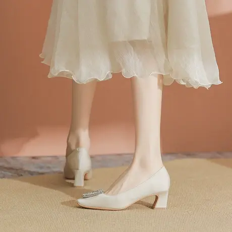 粗跟高跟鞋女2024年新款春秋季方头水钻方扣工作鞋不累脚气质名媛商品大图