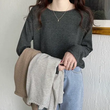 条纹打底衫女内搭春秋冬季2022年新款加厚宽松长袖t恤百搭上衣服商品大图