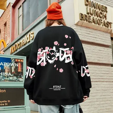 国潮黑色圆领卫衣男2023年新款ins超火韩版宽松炸街长袖上衣外套商品大图