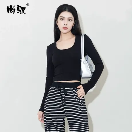 尚驭羊绒加绒加厚u领长袖衫2023年秋冬新款打底衫女韩版时尚T恤衫图片