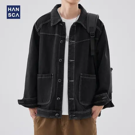 hansca美式潮牌明辑线牛仔外套男士秋季新款潮流痞帅复古休闲外套商品大图