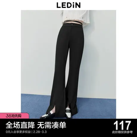 乐町微喇开叉休闲裤2023秋季新款黑色休闲裤女宽松阔腿裤商品大图