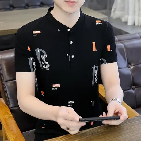 冰丝短袖t恤男士POLO衫2023新款夏季潮流休闲冰感立领夏装薄体桖商品大图