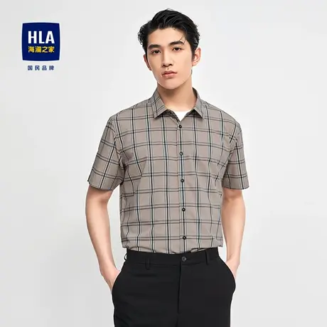 HLA海澜之家格子尖领短袖休闲衬衫2023春夏新款微弹商务短衬男图片