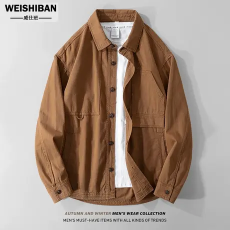 美式复古阿美咔叽水洗工装牛仔衬衣男长袖翻领宽松痞帅衬衣式外套商品大图