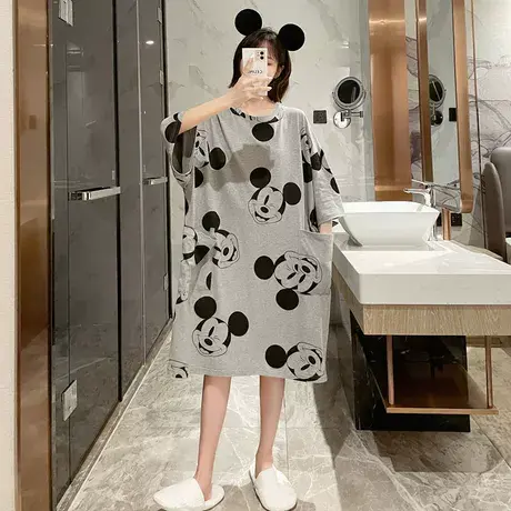 夏季新款中长款过膝睡裙短袖大码卡通胖MM睡衣女宽松家居服200斤商品大图