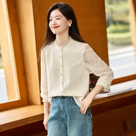 时尚气质衬衫2023秋季新款女装长袖温柔淑女百搭网纱花边领长袖图片