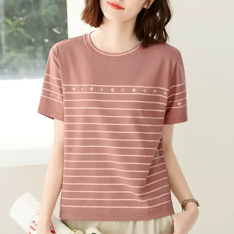 短袖纯棉t恤女夏装2023新款洋气中年妈妈减龄显瘦半袖条纹体恤衫商品大图