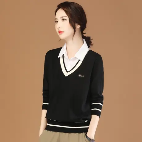 韩潮袭人假两件POLO领条纹针织衫女2023秋装休闲长袖打底毛衣上衣商品大图