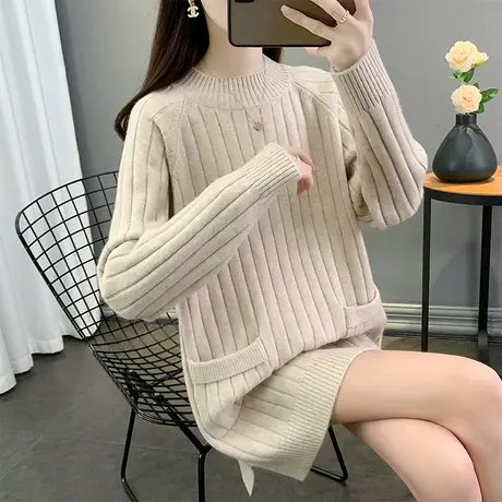 半高领中长款毛衣女2023年秋冬新款针织衫宽松外穿纯色百搭上衣女图片