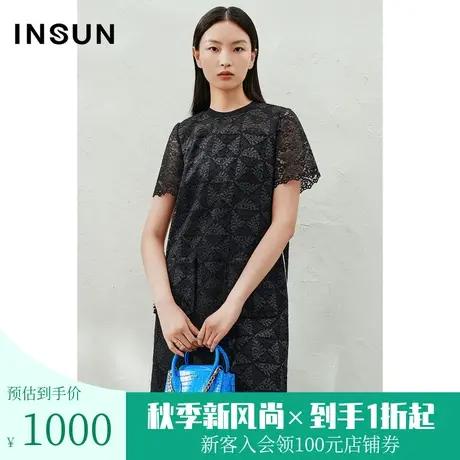 恩裳2023年夏季新款重工烫银工艺藤蔓花型棉质蕾丝连衣裙图片