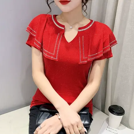 时尚V领荷叶边T恤女短袖2023夏装新款修身显瘦百搭洋气上衣小衫潮商品大图