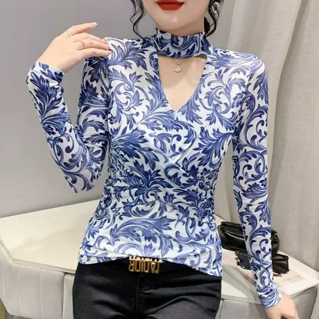 性感镂空上衣女长袖2023春秋新款复古印花网纱打底衫别致显瘦T恤图片