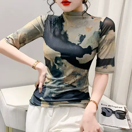 扎染网纱T恤女五分袖2023夏装新款修身半高领上衣洋气半袖小衫ins商品大图