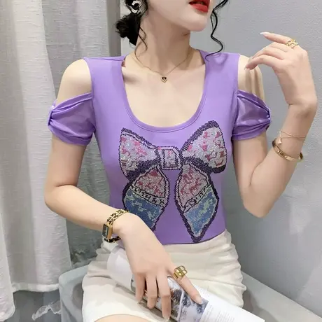 欧货性感露肩上衣女短袖洋气网红T恤时尚重工烫钻小衫设计感体恤商品大图