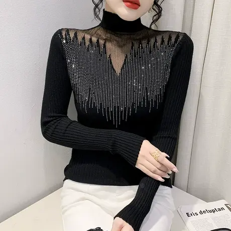 网纱拼接打底衫女秋冬2023新款性感镂空烫钻毛衣内搭半高领针织衫图片