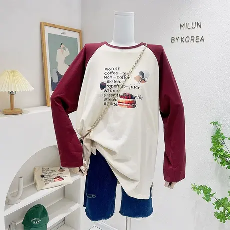 2022早秋新款长袖上衣韩国东大门蛋糕印花复古插肩袖T恤宽松包臀商品大图