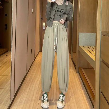 日系松紧腰哈伦裤女春秋新款高腰宽松遮肉杏色直筒百搭萝卜老爹裤图片