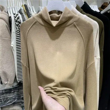 中长款纯色高领拼接设计感纽扣双面德绒上衣女2022秋冬新款打底衫商品大图