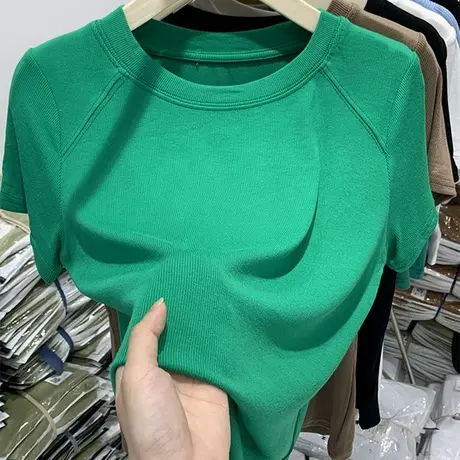 2023夏季薄款新款圆领螺纹短袖t恤女显瘦修身打底衫欧货纯色上衣商品大图