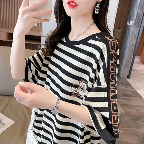 小众设计感短袖t恤女夏季韩版宽松大码女装中长款半袖条纹上衣服图片