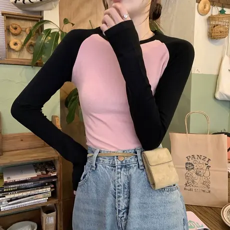 拼色设计感打底衫女2023新款春秋季韩版修身内搭长袖t恤早春上衣图片