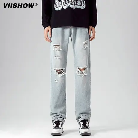 VIISHOW破洞牛仔裤男生春秋直筒宽松潮牌裤子男美式vibe休闲长裤商品大图