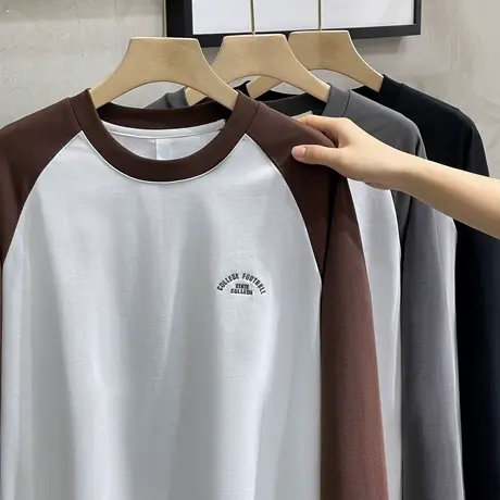 纯棉t恤男圆领拼色简约字母刺绣男士打底衫长袖秋冬2023新款潮流商品大图