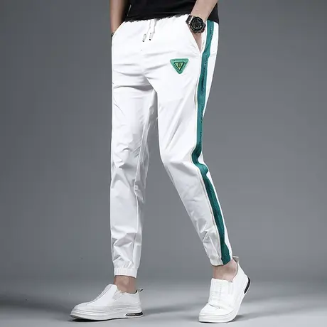 夏季九分冰丝休闲裤男黑色潮流修身束脚潮牌百搭男士个性弹力裤子商品大图