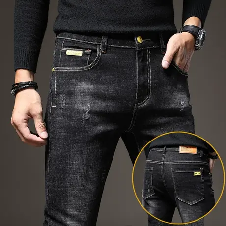 黑色高端牛仔裤男士修身小脚休闲长裤秋季2023年新款男裤子秋冬款商品大图