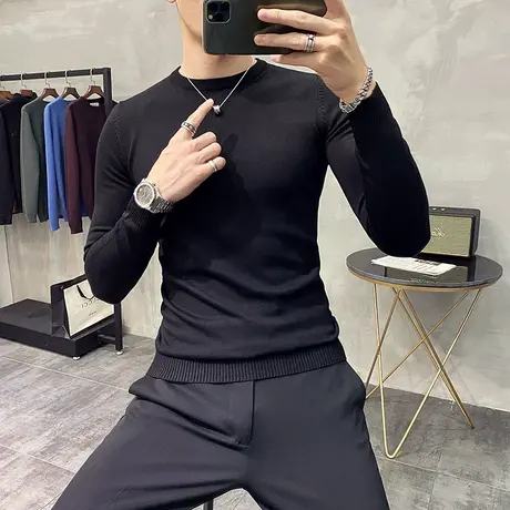 低领针织衫男长袖潮流韩版春秋冬圆领毛衣男士修身百搭纯色打底衫商品大图