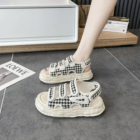 韩版百搭千鸟格运动凉鞋女2023夏季新款溶解厚底老爹休闲罗马凉鞋商品大图