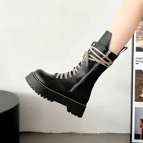 厚底马丁靴女英伦风2023新款薄款小个子增高中筒机车靴绑带短靴潮商品大图