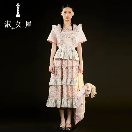 淑女屋旗舰店2022新款花花布公主重工拼接两穿蛋糕背带裙t恤套装图片