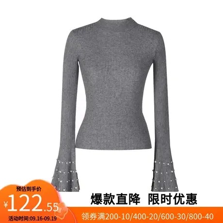 【艾格】2023春新款女针织衫显瘦气质成熟珍珠喇叭袖复古港风上衣图片