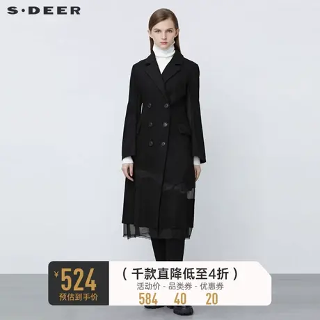 sdeer圣迪奥冬装西装领双排扣网纱拼接毛呢大衣S21481852图片