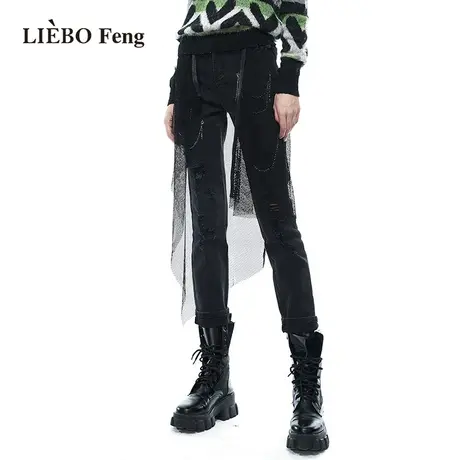 裂帛LIEBOFeng原创设计2023年秋季可拆卸网纱裙黑色九分牛仔裤女图片