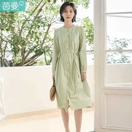 茵曼2023春女装新款时尚通勤圆领松紧腰提花肌理A字中长款连衣裙图片