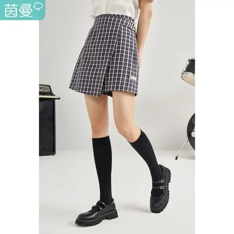 茵曼格子显瘦短裤女2023夏季新款通勤休闲宽松时尚纯棉学院风裤子图片
