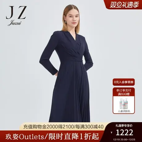 JZ玖姿商场同款V领时尚压褶裙子女2023春季针织连衣裙JWCC50011图片