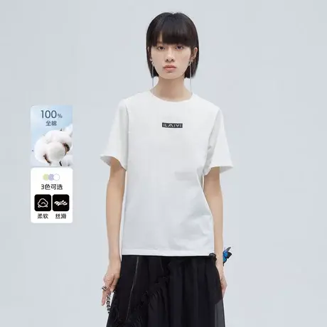 艾莱依t恤女夏白色新款设计感纯色圆领简约印花短袖休闲纯棉上衣商品大图