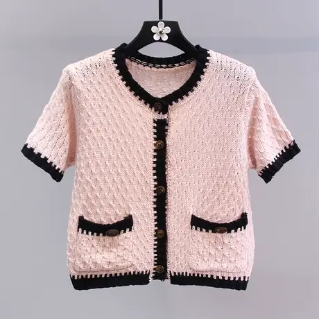 小香风撞色针织开衫女2023年春季新款时尚休闲单排扣外穿短袖上衣图片