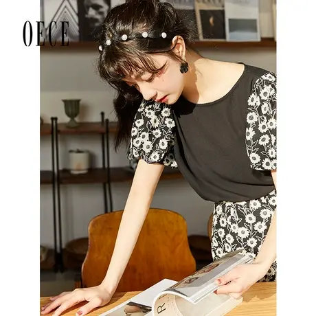 OECE圆领短袖上衣2022年夏装新款女装春夏复古泡泡袖设计感T恤图片