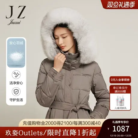 JZ玖姿狐狸毛直充羽绒服女装2022冬季时尚面包格保暖白鸭绒外套商品大图