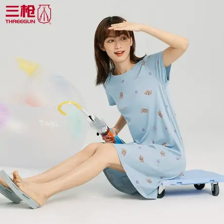 三枪睡裙女夏印花中裙纯棉女士水柔棉可外穿短袖家居裙全棉70479图片