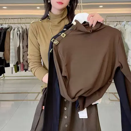 欧货长袖T恤女秋季2023年新款时尚百搭显瘦半高领内搭打底衫上衣商品大图