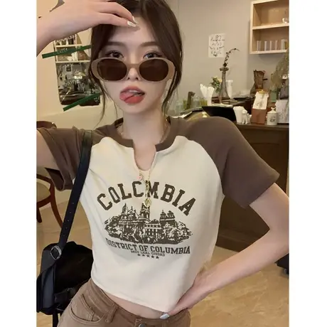 美式复古辣妹紧身短袖t恤女2023新款夏季小个子正肩显瘦短款上衣商品大图